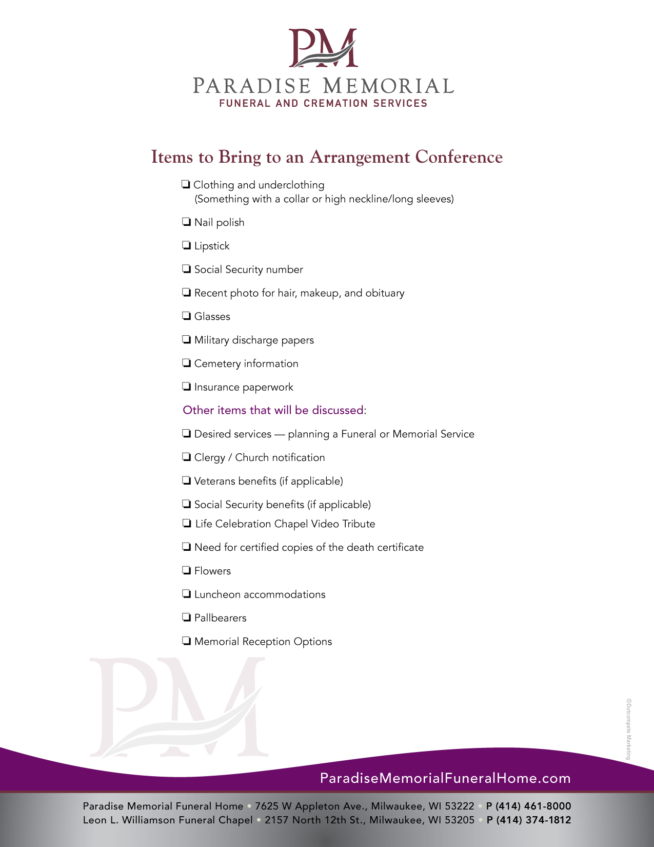 Items to Bring to an Arrangement